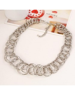 Linked Hoops Bold Fashion Women Statement Necklace - Silver