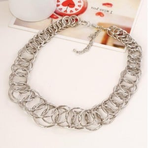 Linked Hoops Bold Fashion Women Statement Necklace - Silver