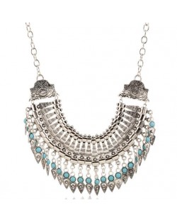 Gem Inlaid High Fashion Rivets Tassel Arch Pendant Chunky Fashion Statement Necklace - Silver