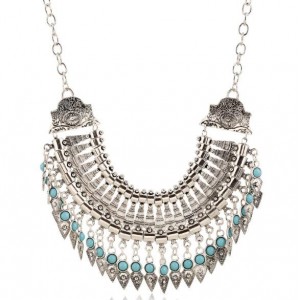 Gem Inlaid High Fashion Rivets Tassel Arch Pendant Chunky Fashion Statement Necklace - Silver