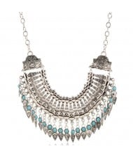 Gem Inlaid High Fashion Rivets Tassel Arch Pendant Chunky Fashion Statement Necklace - Silver