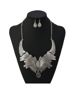 Rhinestone Embellished Feather Inspired Design High Fashion Statement Necklace and Earrings Set - Silver