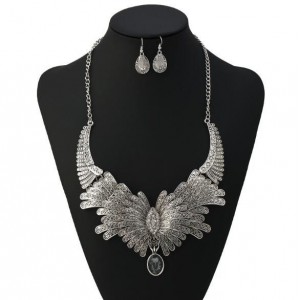 Rhinestone Embellished Feather Inspired Design High Fashion Statement Necklace and Earrings Set - Silver