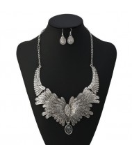 Rhinestone Embellished Feather Inspired Design High Fashion Statement Necklace and Earrings Set - Silver