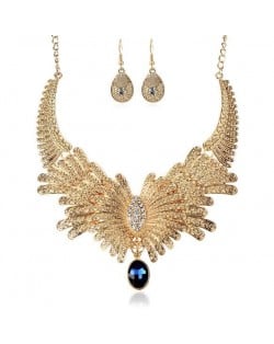 Rhinestone Embellished Feather Inspired Design High Fashion Statement Necklace and Earrings Set - Golden