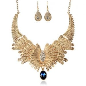 Rhinestone Embellished Feather Inspired Design High Fashion Statement Necklace and Earrings Set - Golden