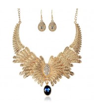 Rhinestone Embellished Feather Inspired Design High Fashion Statement Necklace and Earrings Set - Golden