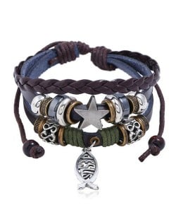 Jesus Fish and Assorted Elements Design Leather Bracelet