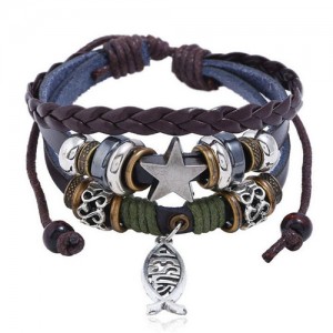 Jesus Fish and Assorted Elements Design Leather Bracelet