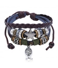 Jesus Fish and Assorted Elements Design Leather Bracelet