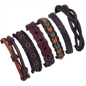 Handmade Vintage Weaving Style 6 pcs Combo Design High Fashion Leather Bracelet