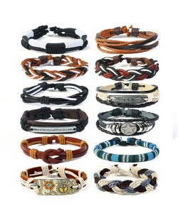 12 pcs Assorted Weaving High Fashion Leather Bracelet Combo Set
