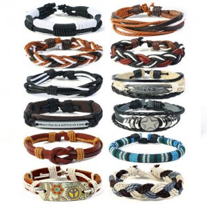 12 pcs Assorted Weaving High Fashion Leather Bracelet Combo Set