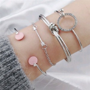 Rhinestone Seashell 4 pcs Combo Design Fashion Bracelet Set - Silver
