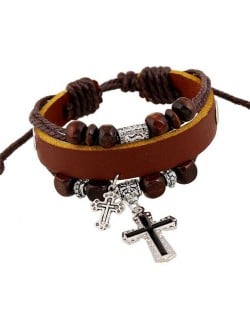 Cross Pendants Wooden Beads Leather Fashion Bracelet - Light Brown