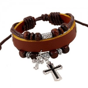 Cross Pendants Wooden Beads Leather Fashion Bracelet - Light Brown