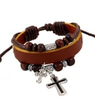 Cross Pendants Wooden Beads Leather Fashion Bracelet - Light Brown