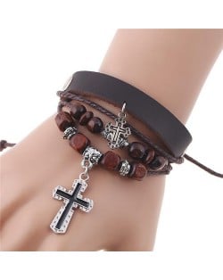 Cross Pendants Wooden Beads Leather Fashion Bracelet - Brown