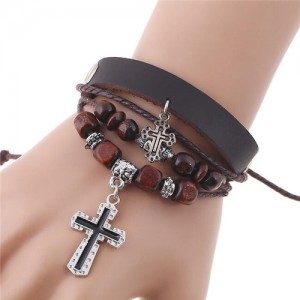 Cross Pendants Wooden Beads Leather Fashion Bracelet - Brown