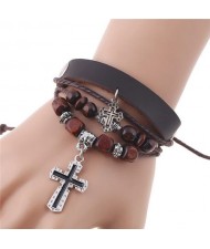 Cross Pendants Wooden Beads Leather Fashion Bracelet - Brown