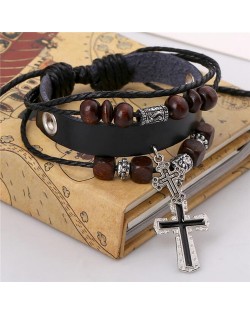 Cross Pendants Wooden Beads Leather Fashion Bracelet - Black