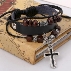 Cross Pendants Wooden Beads Leather Fashion Bracelet - Black