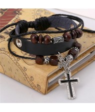 Cross Pendants Wooden Beads Leather Fashion Bracelet - Black