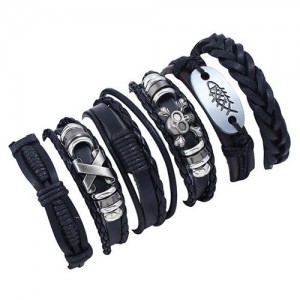 Skull and Fish Elements Multi-layer Vintage Fashion Leather Bracelet