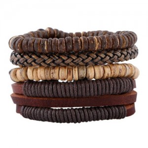 Vintage Fashion Handmade Coconut Shell and Leather 4 pcs Combo Fashion Bracelet Set
