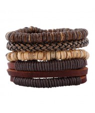 Vintage Fashion Handmade Coconut Shell and Leather 4 pcs Combo Fashion Bracelet Set