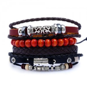 Alloy Feather and Beads Embellished Leather Fashion Bracelet