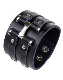 Vintage Alloy Rivets Design Wide Style Leather Bracelet - Black