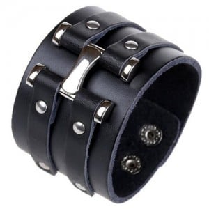 Vintage Alloy Rivets Design Wide Style Leather Bracelet - Black