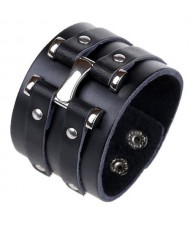 Vintage Alloy Rivets Design Wide Style Leather Bracelet - Black