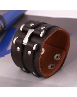 Vintage Alloy Rivets Design Wide Style Leather Bracelet - Brown