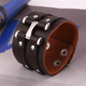 Vintage Alloy Rivets Design Wide Style Leather Bracelet - Brown