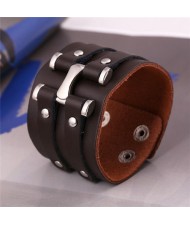 Vintage Alloy Rivets Design Wide Style Leather Bracelet - Brown