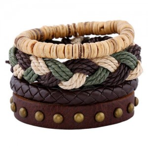 Rivet Decorated Multi-layer Weaving Fashion Leather Bracelet