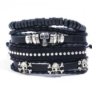 Rivets and Skulls Decorated Punk High Fashion Leather Bracelet