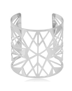 Hollow Geometric Pattern Design Wide Style High Fashion Costume Alloy Bangle - Silver