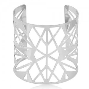 Hollow Geometric Pattern Design Wide Style High Fashion Costume Alloy Bangle - Silver