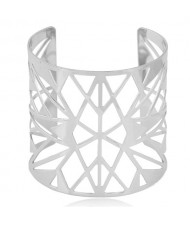 Hollow Geometric Pattern Design Wide Style High Fashion Costume Alloy Bangle - Silver