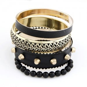Rivets and Beads 4 pcs Combo Black Punk Fashion Alloy Bangle Set