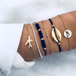 Seashell and Plane Assorted Elements 6 pcs High Fashion Bracelet Combo Set