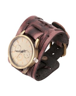 Vintage Dial Punk Fashion Leather Wrist Watch - Brown