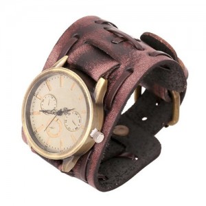 Vintage Dial Punk Fashion Leather Wrist Watch - Brown