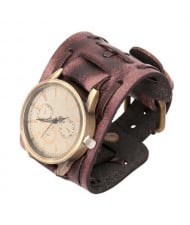 Vintage Dial Punk Fashion Leather Wrist Watch - Brown
