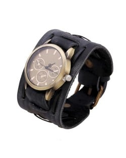 Vintage Dial Punk Fashion Leather Wrist Watch - Black