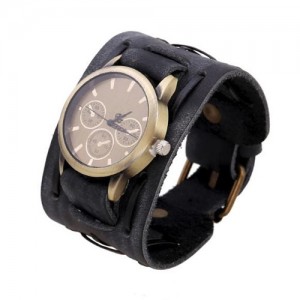 Vintage Dial Punk Fashion Leather Wrist Watch - Black