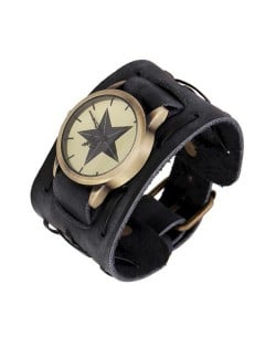 Pentagram Theme Vintage Dial Punk High Fashion Leather Wrist Watch - Black